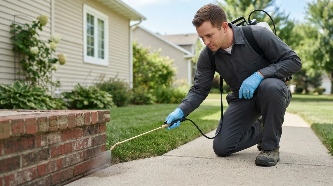 Pest control technician treating a home near Irwin, IA