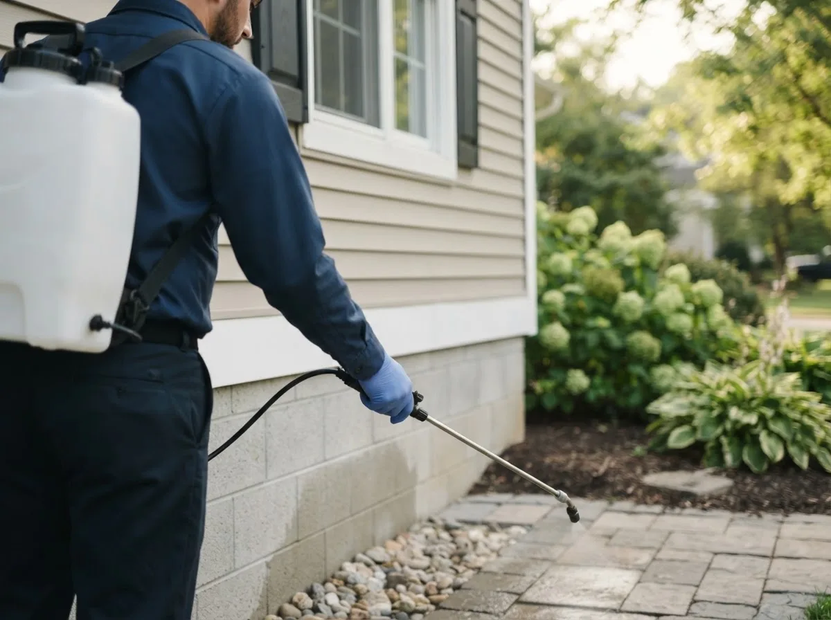 Pest control technician inspecting a home in Irwin, IA